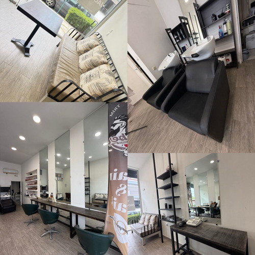 Hair salon equipment used with Electra sofa, table, mirrors, sinks, shelves