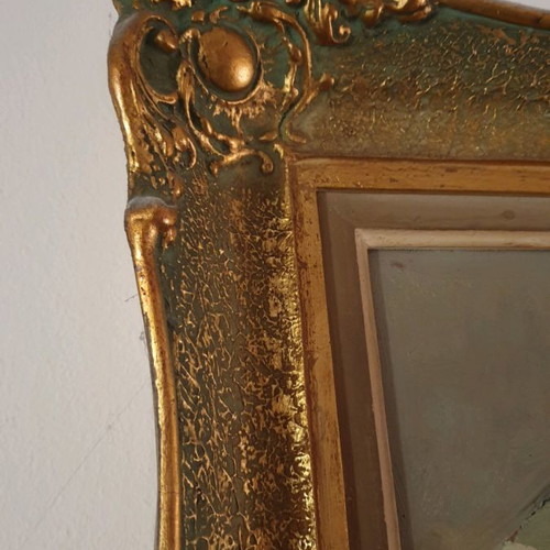 Painting Krinakia by Kostas Barbas 1957 with carved gold frame new