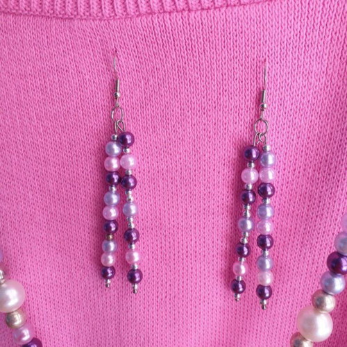 Handmade purple,pink beaded Long necklace and earrings set