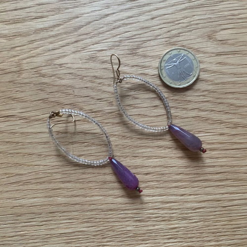Dangling earrings like new with gray and purple semi-precious stone