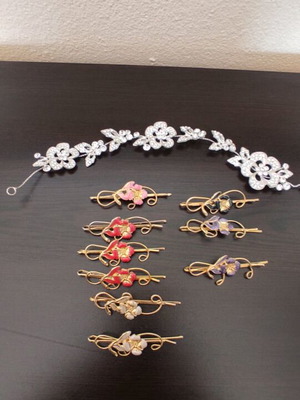 Tiara and clips used, multicolored hairpins