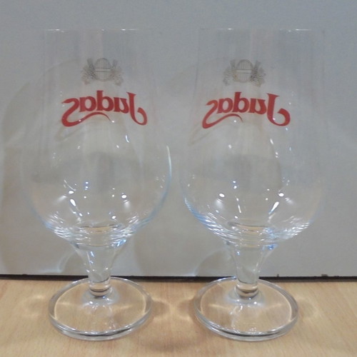 Judas beer set of 2 used promotional stemmed glasses 0.68lt