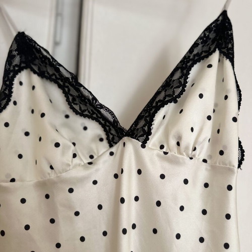 White satin maxi polka dot dress with black lace details, like new