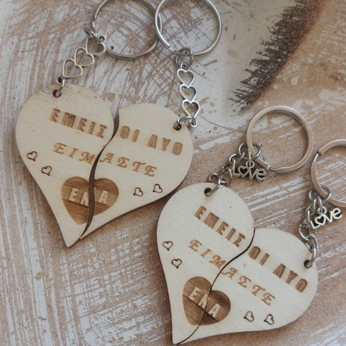 Wooden keychains for couples new, heart-shaped set of two