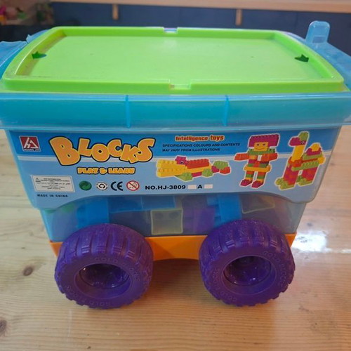 Educational building blocks set with 62 colorful pieces in wheeled box