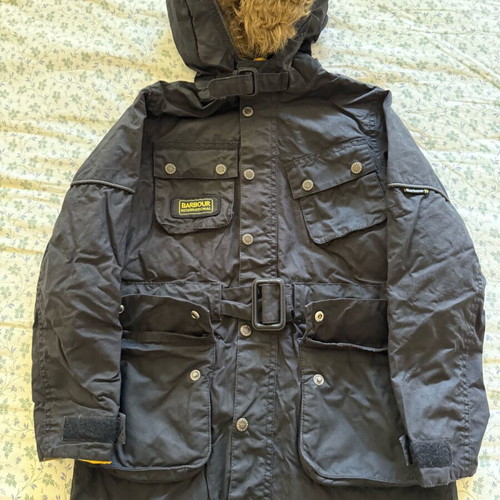 Barbour International Boys Waxed Parka Size M Used, Black