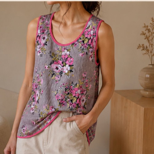 Sleeveless women's blouse XL new, cotton, beige with pink floral design