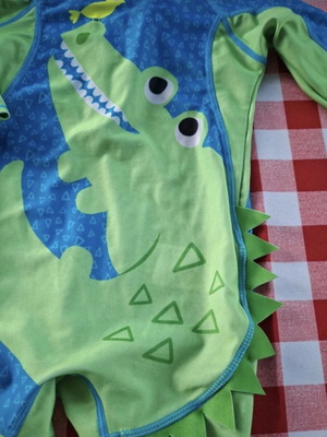 Zoochinni one-piece swimsuit set with hat used, blue green, UV50+ protection, size 18-24 months