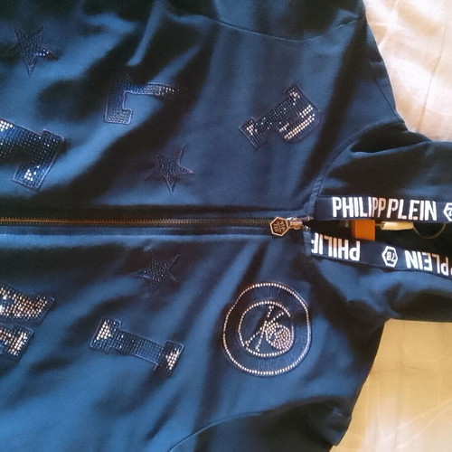 Philipp Plein long cardigan with hood like new, cotton blend, blue, size L