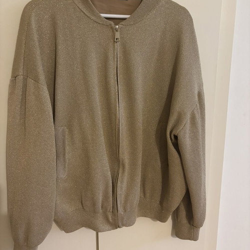Zara women's bomber jacket cardigan with metallic lurex yarn, gold champagne, zipper