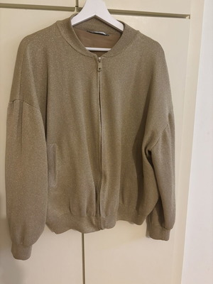Zara women's bomber jacket cardigan with metallic lurex yarn, gold champagne, zipper