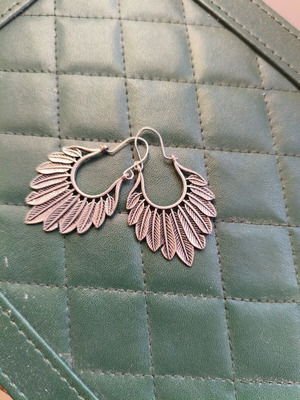 Faux Silver Earrings with Feather Design Boho Style like new