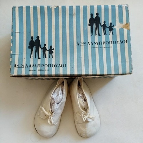 Vintage Afii Lampropouloi Shoe Box and Baby Shoes 1950s-60s, like new
