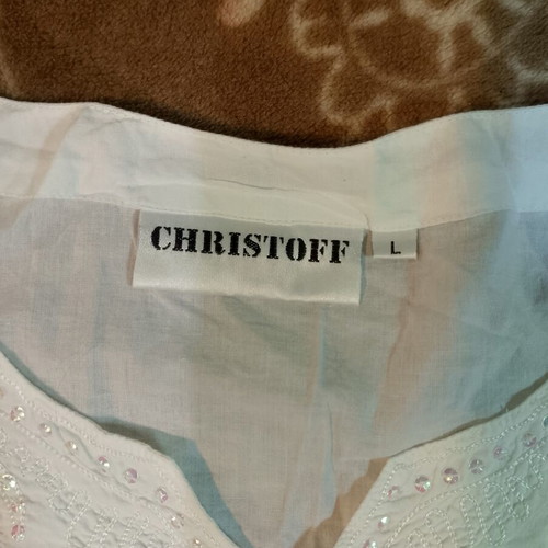 Christoff white embroidered blouse with sequins, size L, long sleeve