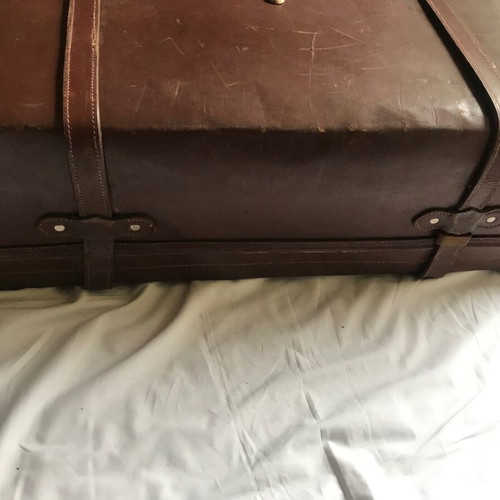 Antique leather suitcase used, handmade, early 20th century