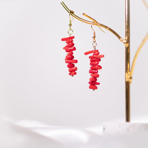 Earrings with red coral steel, new handmade