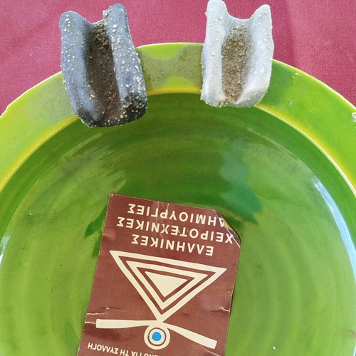 Ceramic ashtray new handmade Greek green with circular lines