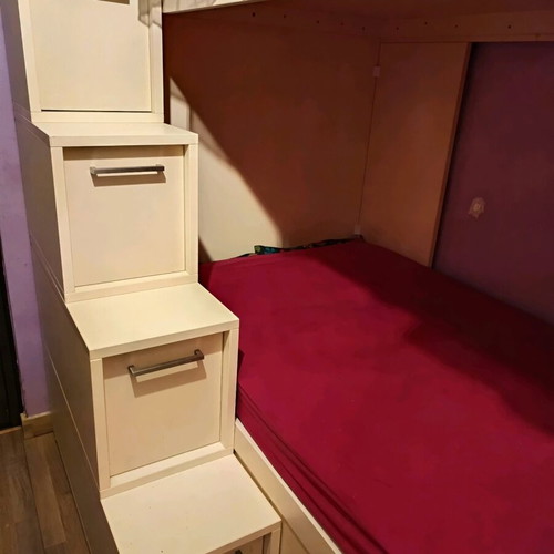 Teen bunk bed with desk and storage like new, carpenter-made