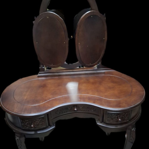 Antique dressing table in dark walnut with side rotating mirrors like new