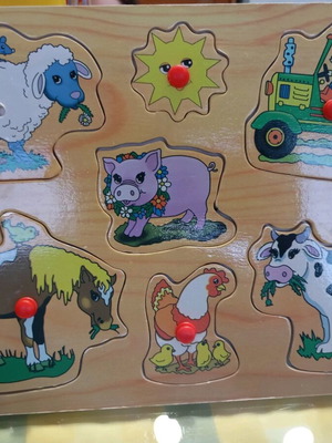 Wooden puzzle used with farm theme, missing one peg