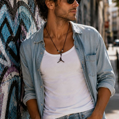 Handmade Unisex Necklace with JORDAN element, black leather cord, silver beads