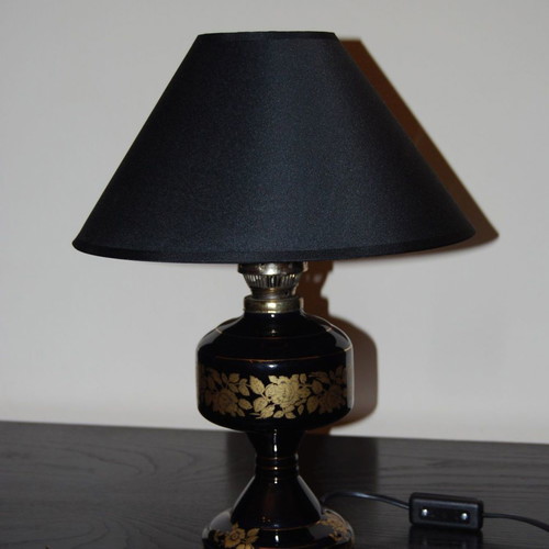 Handmade vintage black ceramic oil lamp portatif with gold designs