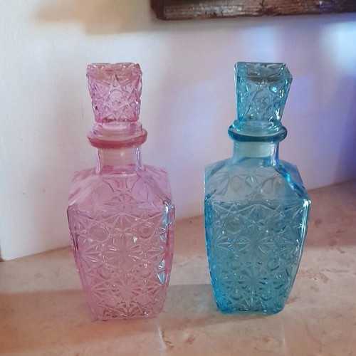 Glass Carafes Blue Pink Set of 2 Unused