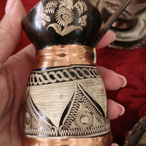 Vintage Oriental Coffee Set, Copper with Engraved Design