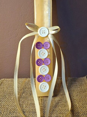 Handmade Easter Candle with Buttons and Satin Ribbons Ecru/Purple New