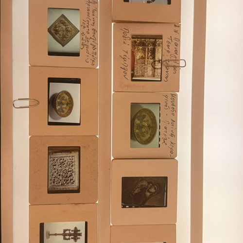 Collectible slides with Byzantine icons, church relics and traditional ceramics, like new