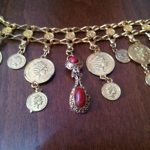 Bronze long multipurpose belt necklace with jasper and Elizabeth profile coins used, repaired