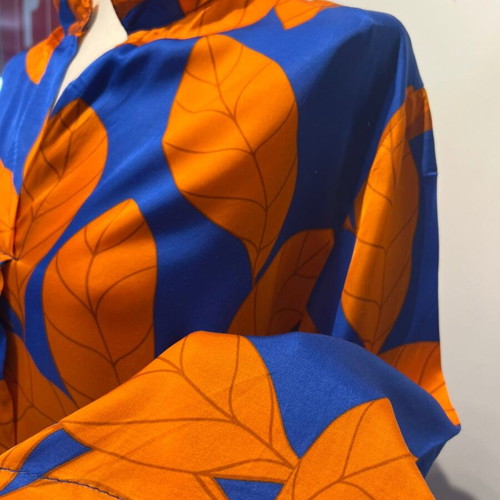 Statement satin tunic shirt dress like new, blue and orange leaf print