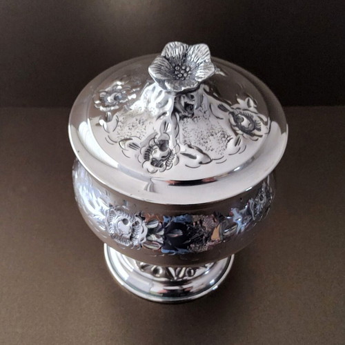 Traditional footed sugar bowl used, silver-plated brass with floral decoration