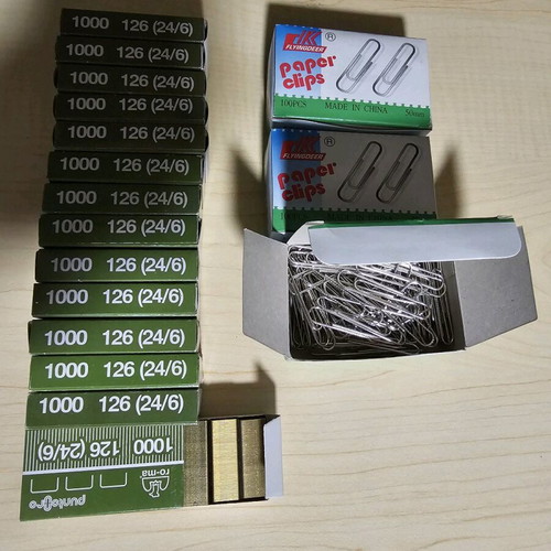 Office supplies new, 14 boxes stapler refills and 3 boxes paper clips