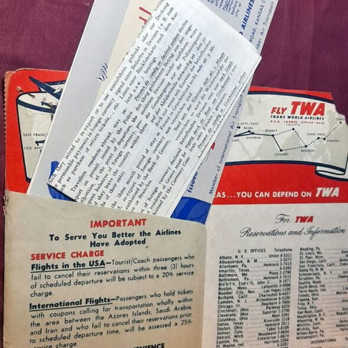 Σετ αεροπορικών εισιτηρίων TWA 1956 σαν καινούργιο με δήλωση εθνικού νομίσματος