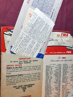 Σετ αεροπορικών εισιτηρίων TWA 1956 με Δήλωση Εθνικού Νομίσματος