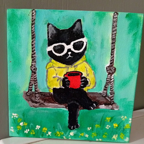 Coffee, Sun and Chill acrylic painting on canvas 13x13cm