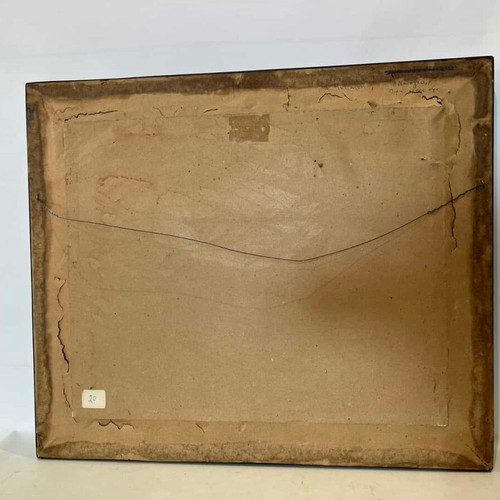 Vintage pyrography wall art with shipwreck scene and artist signature, 49x58