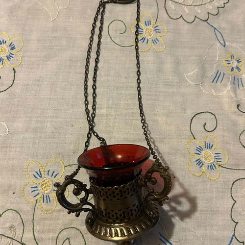 Old Silver-Plated Russian Candle Holder with Red Glass Used