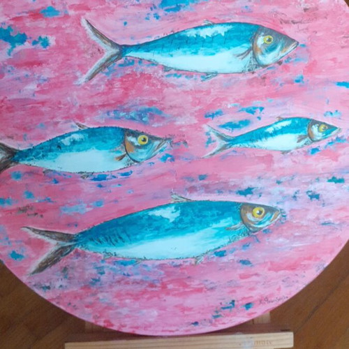 Handmade painting on driftwood new, 38 cm diameter