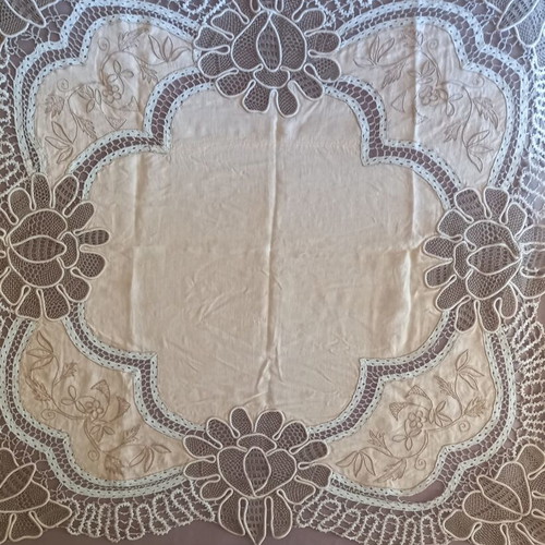 Vintage lace cutwork embroidery table linen used, cotton threads
