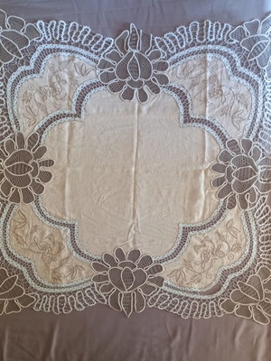 Vintage lace cutwork embroidery table linen used, cotton threads