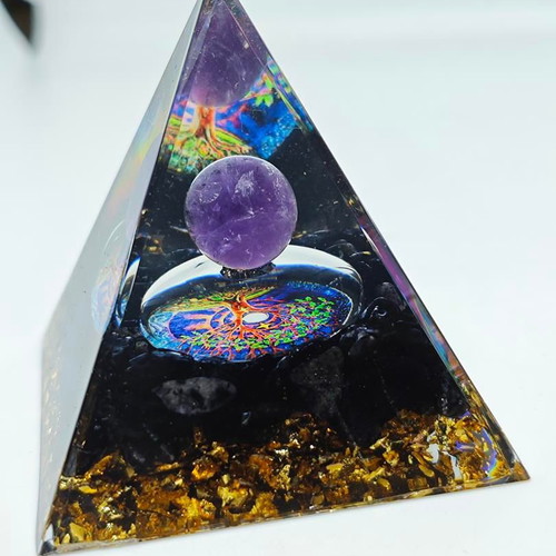 Orgonite Energy Pyramid with Amethyst and Tree of Life like new
