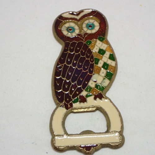 Vintage owl bottle opener made of enamel and brass like new