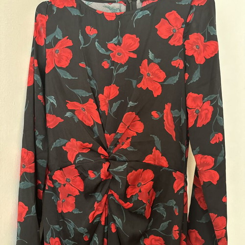 Pink Woman midi floral dress with knot like new, black with red flowers