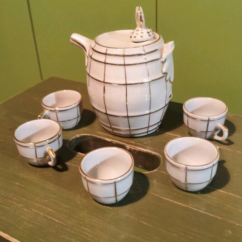 Rafit liqueur raki set used, porcelain with checkered pattern