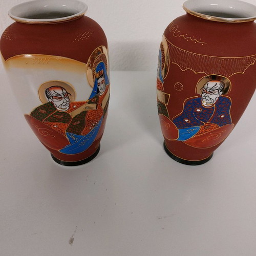 Moriage vases from Japan used, pair 21 cm with signed dragon