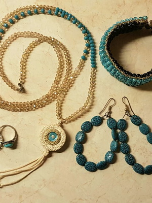 Jewelry set used, turquoise summer colors with pendant, bracelet, earrings, and 3 rings