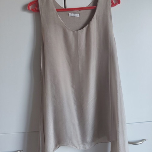Soprano women's top medium beige satin texture, asymmetrical sides, like new