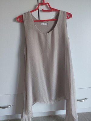 Soprano women's top medium beige satin texture, asymmetrical sides, like new